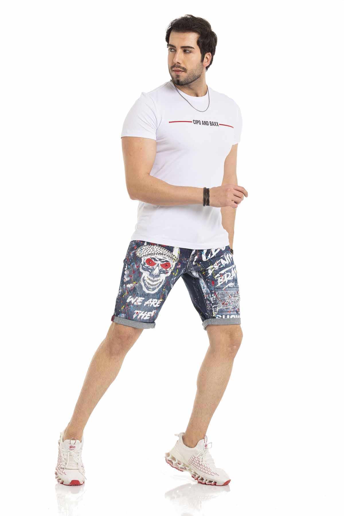 Cipo & Baxx SKULL Herren Kurze Jeans Denim CK255