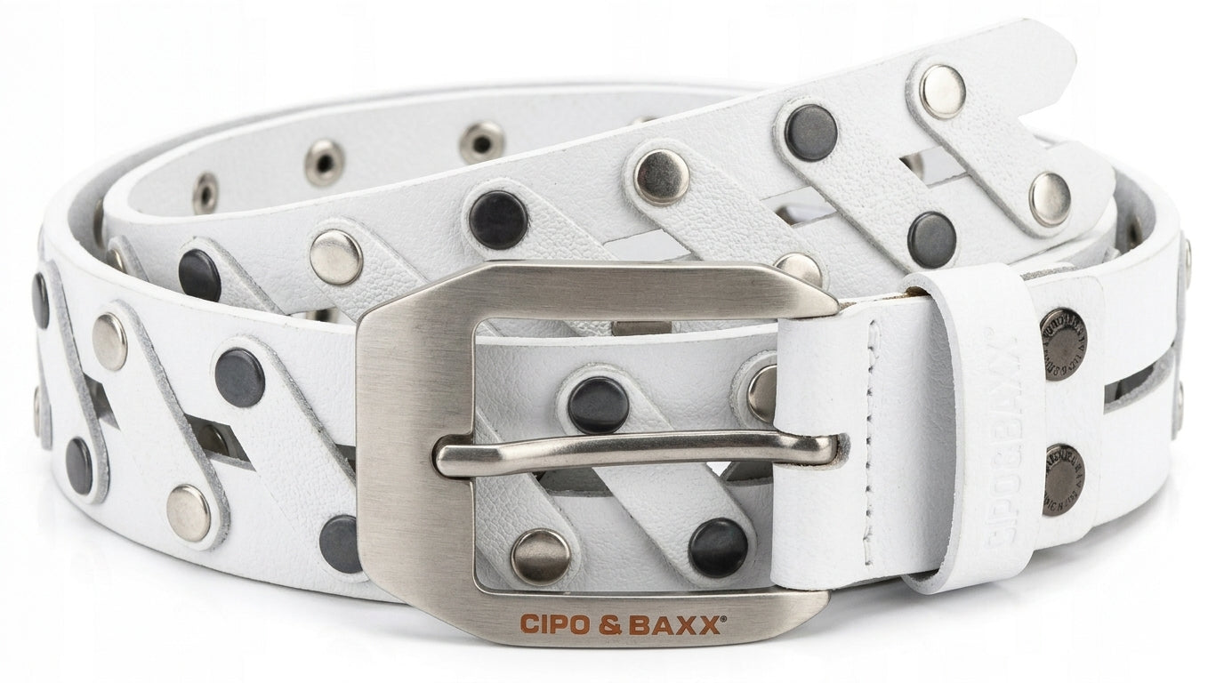 Cipo & Baxx Herren Leder Nietengürtel CG172 weiss