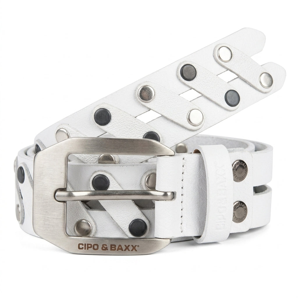 Cipo & Baxx Herren Leder Nietengürtel CG172 weiss