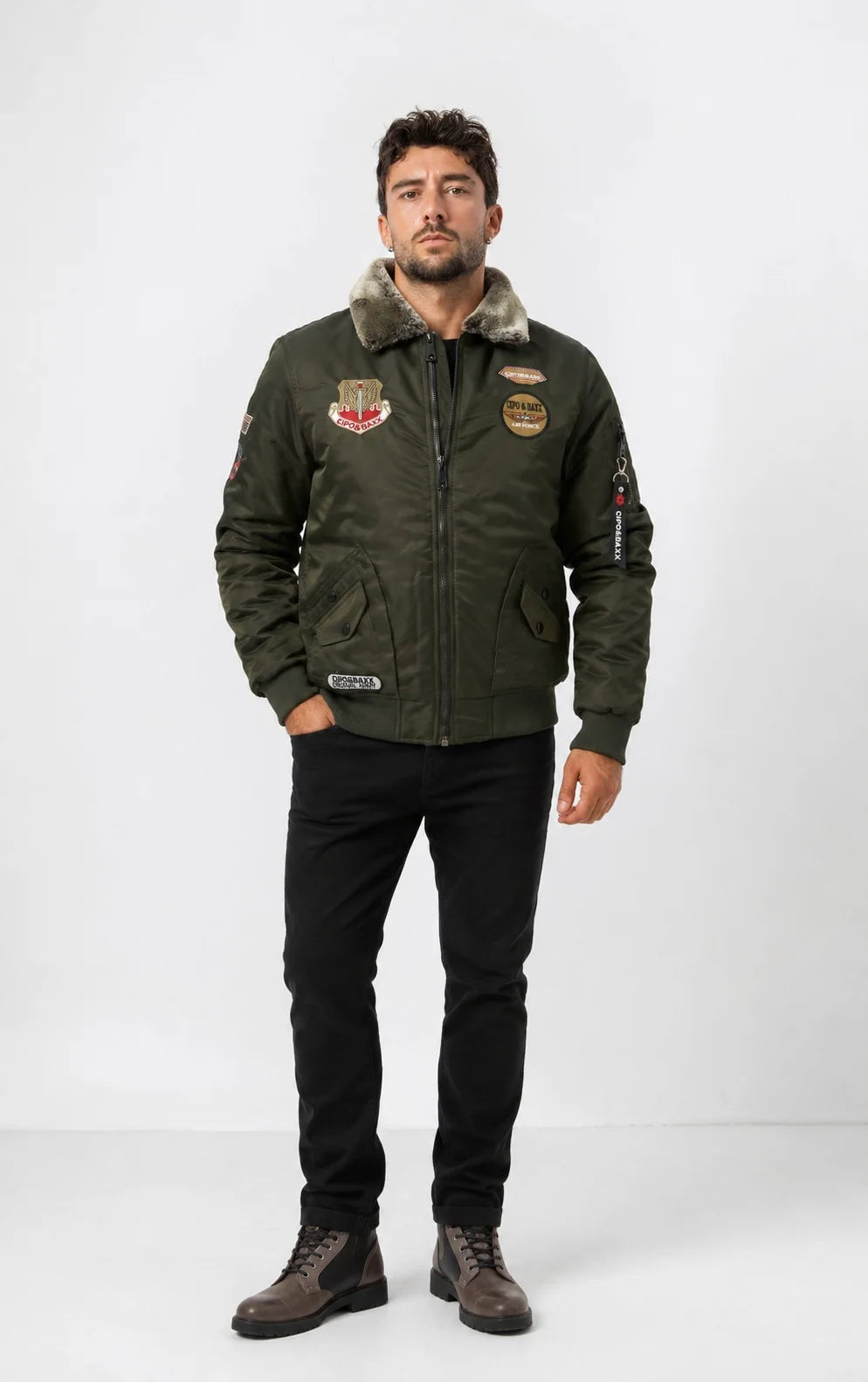 Cipo & Baxx WULF Herren Bomberjacke Fell Kapuze green CM232