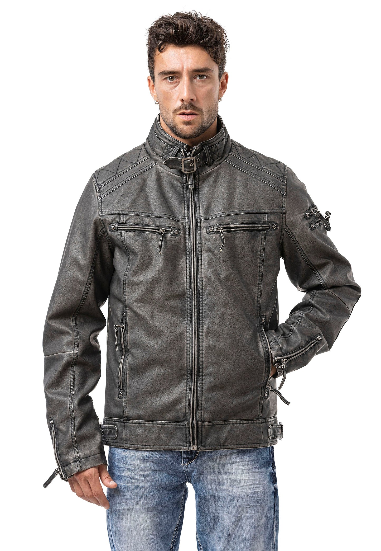 Cipo & Baxx ONYX Herren Biker Leder Jacke grau CM223