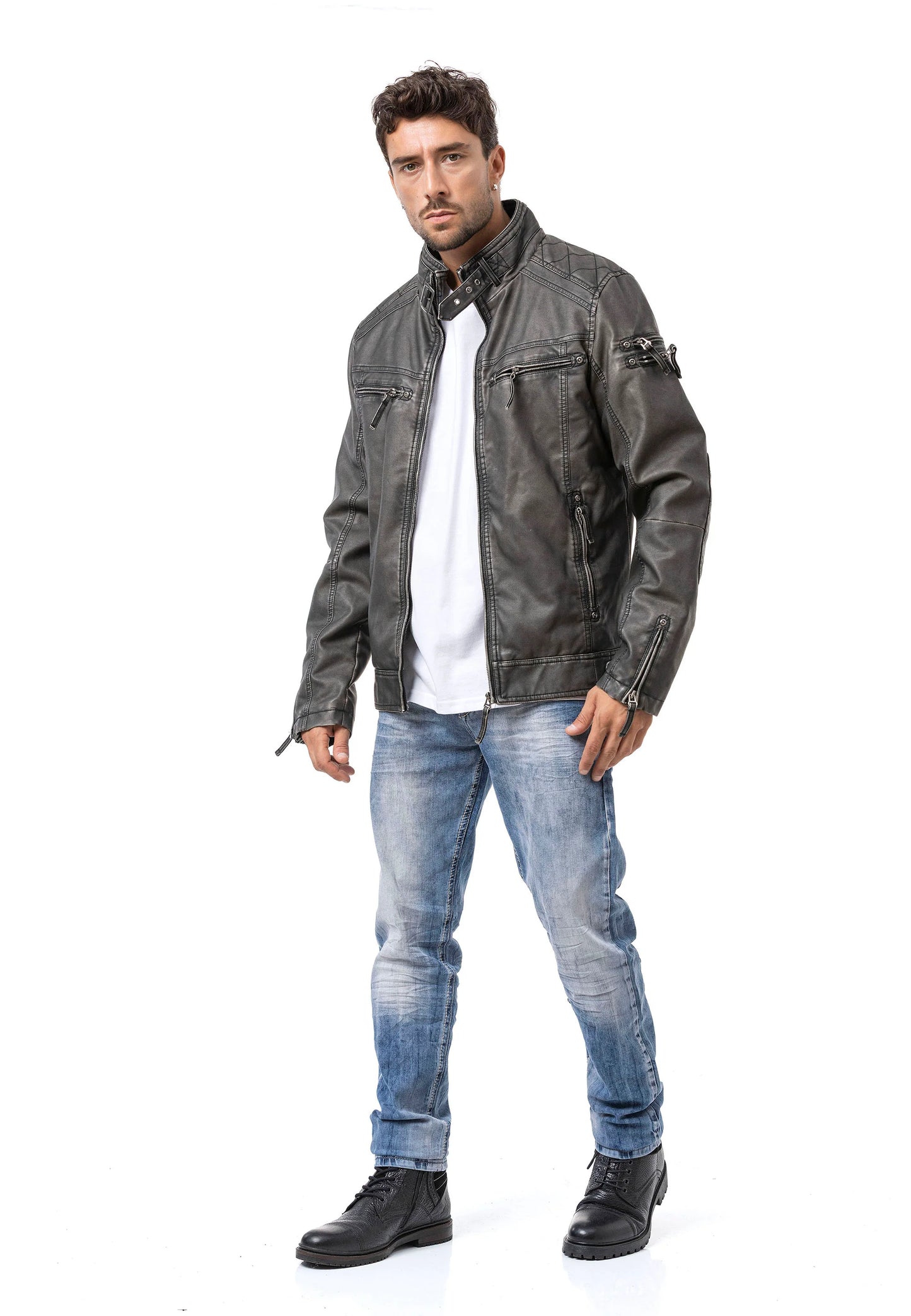 Cipo & Baxx ONYX Herren Biker Leder Jacke grau CM223