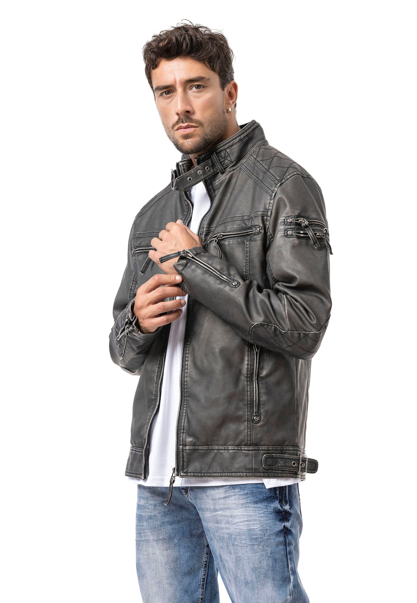Cipo & Baxx ONYX Herren Biker Leder Jacke grau CM223