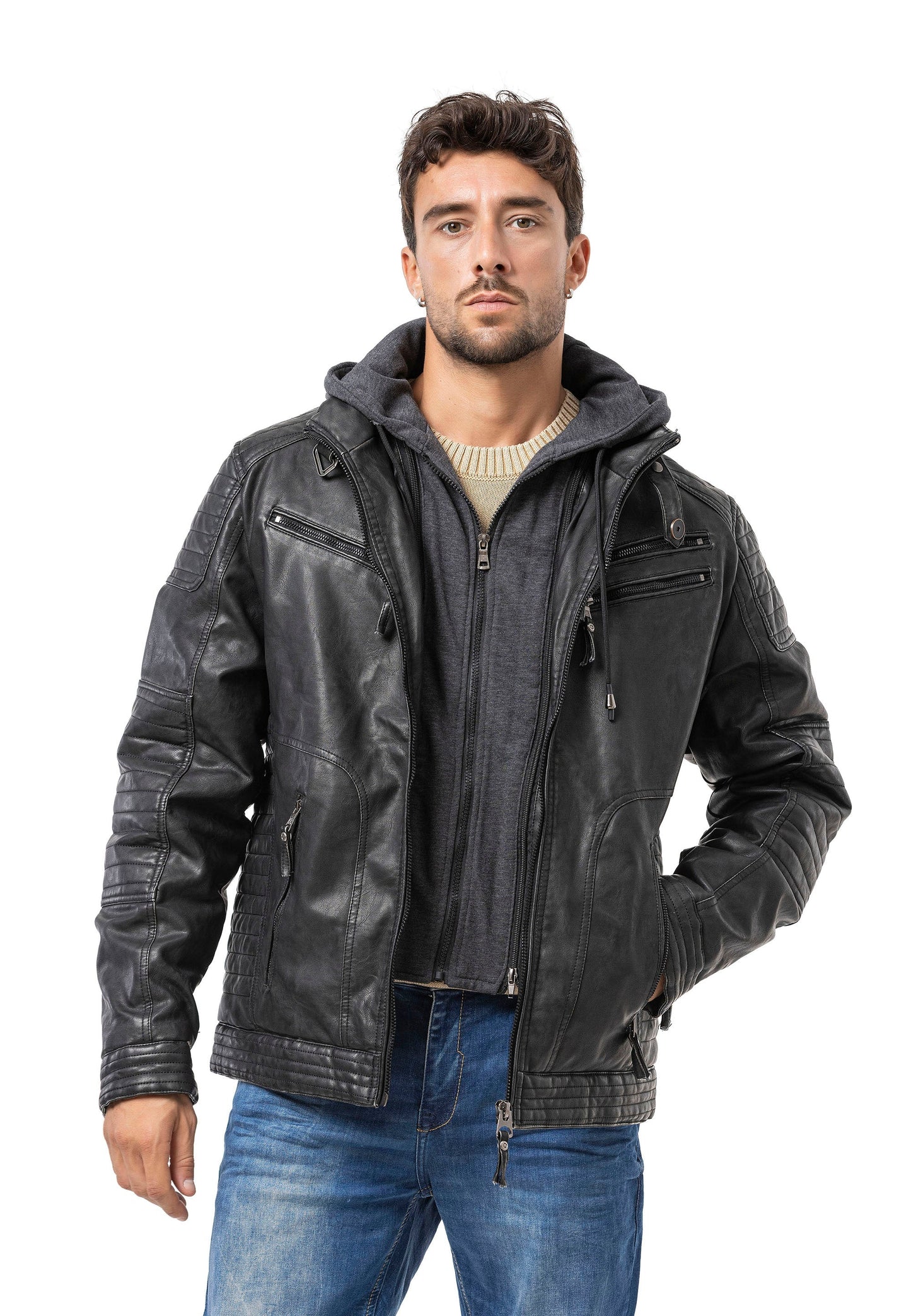 Cipo & Baxx SHIELD Herren Lederjacke mit Kapuze CM231