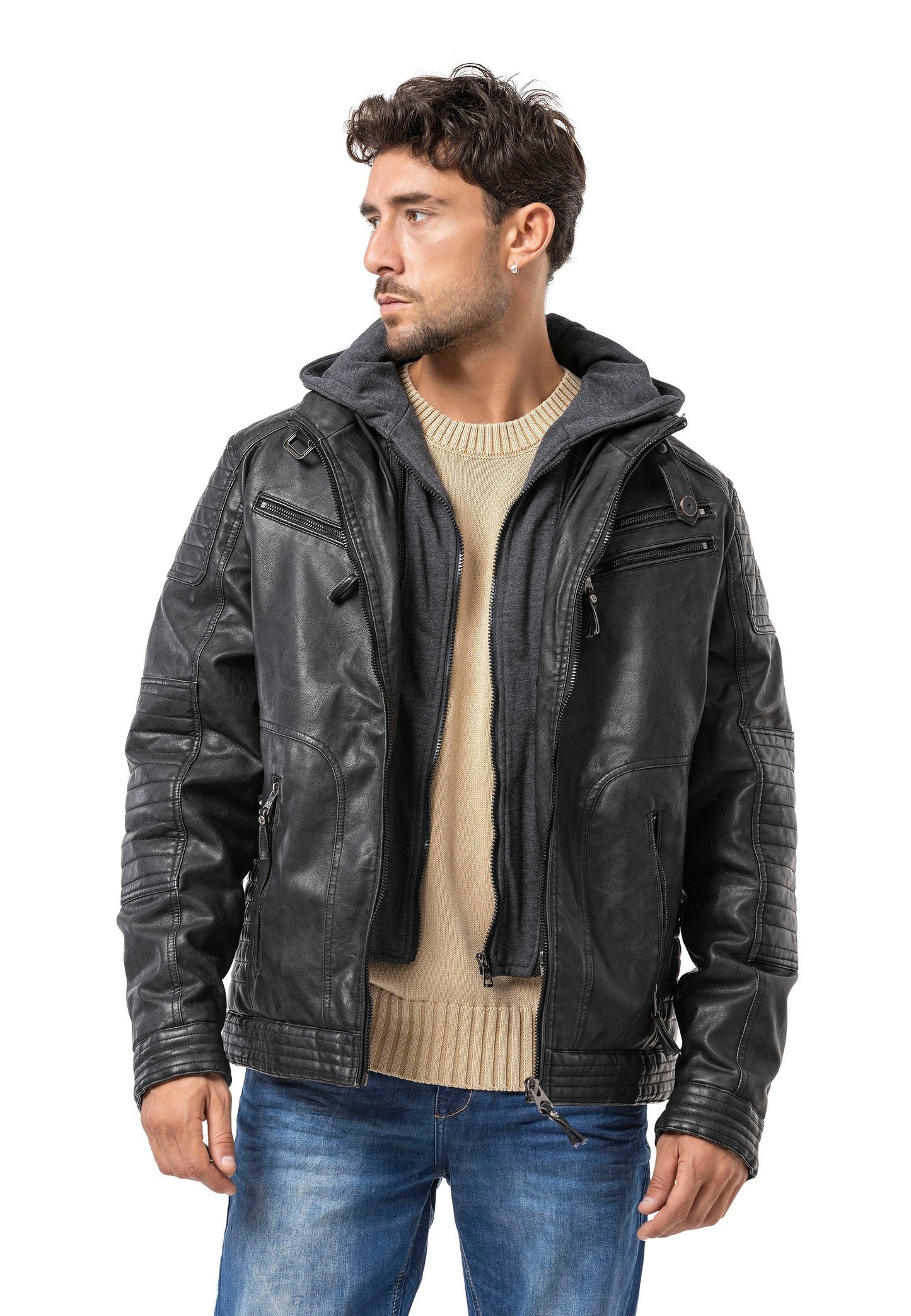Cipo & Baxx SHIELD Herren Lederjacke mit Kapuze CM231