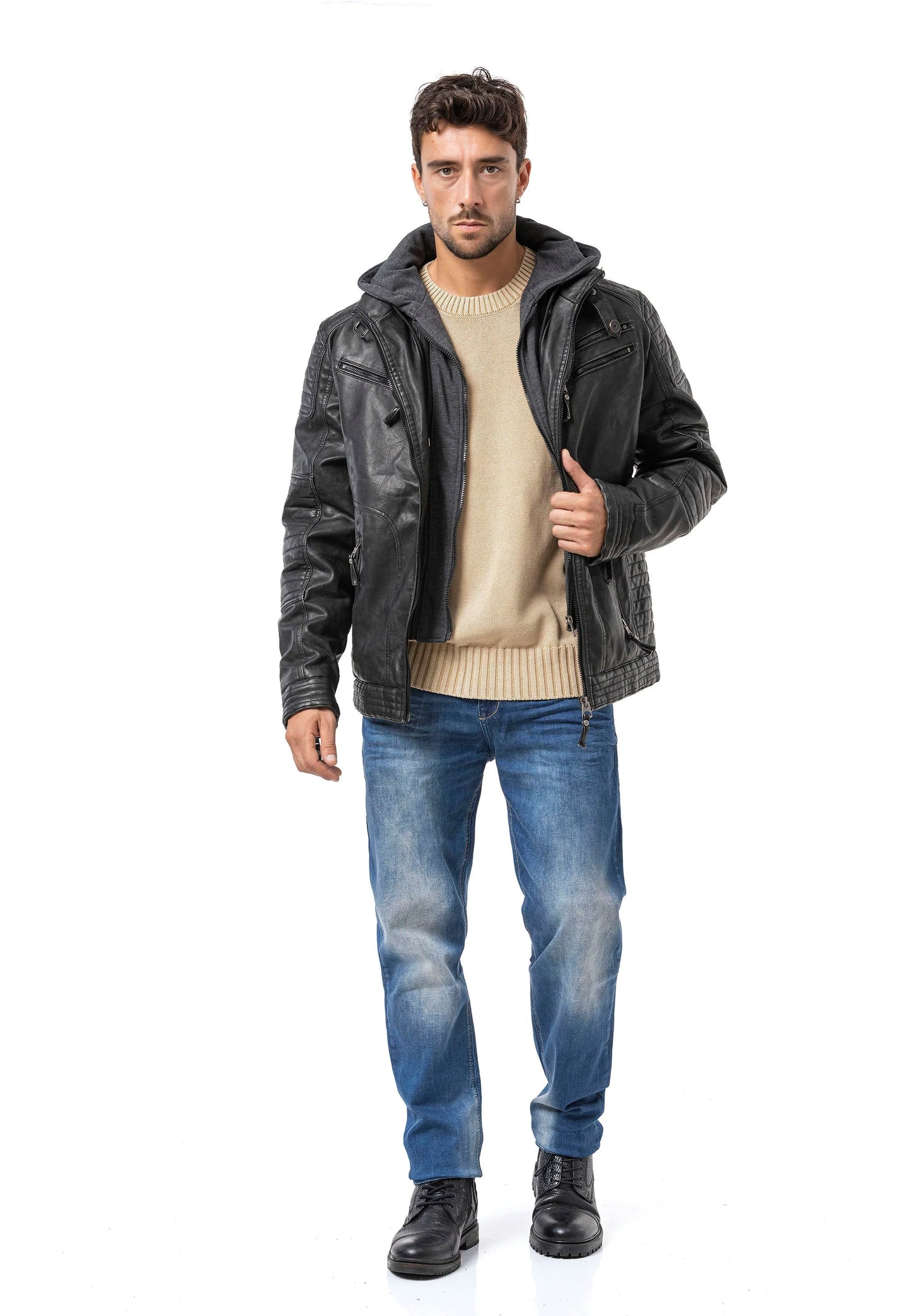 Cipo & Baxx SHIELD Herren Lederjacke mit Kapuze CM231