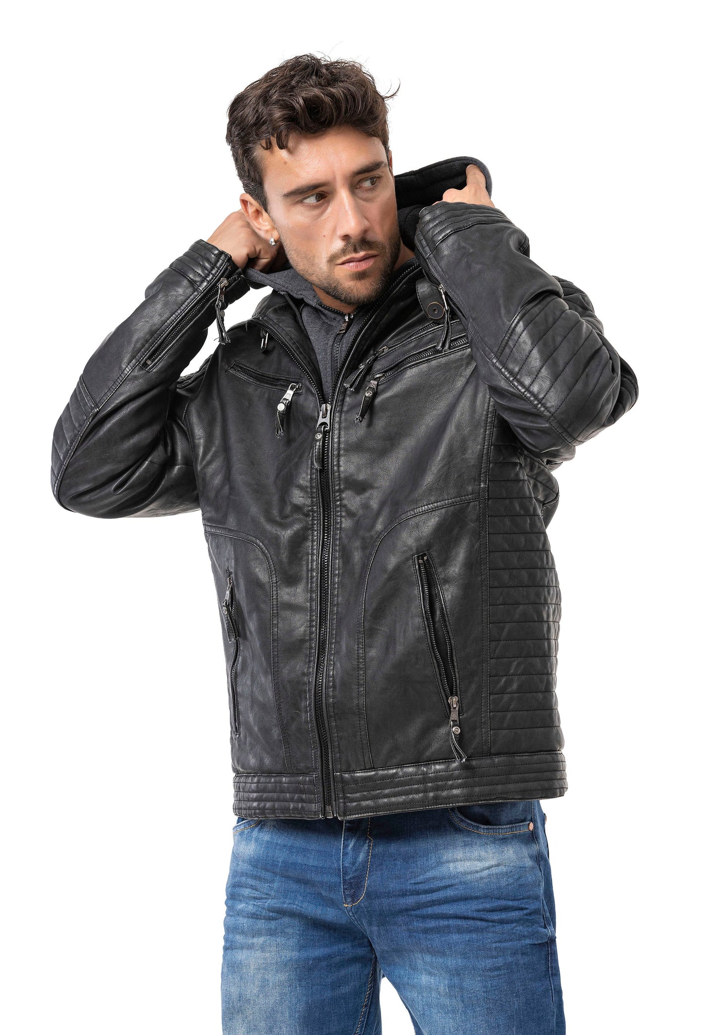 Cipo & Baxx SHIELD Herren Lederjacke mit Kapuze CM231