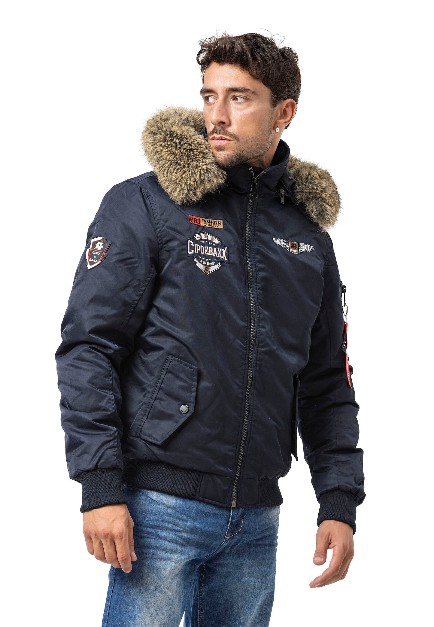 Cipo & Baxx HUNTER Herren Bomberjacke Fell Kapuze blue CM229