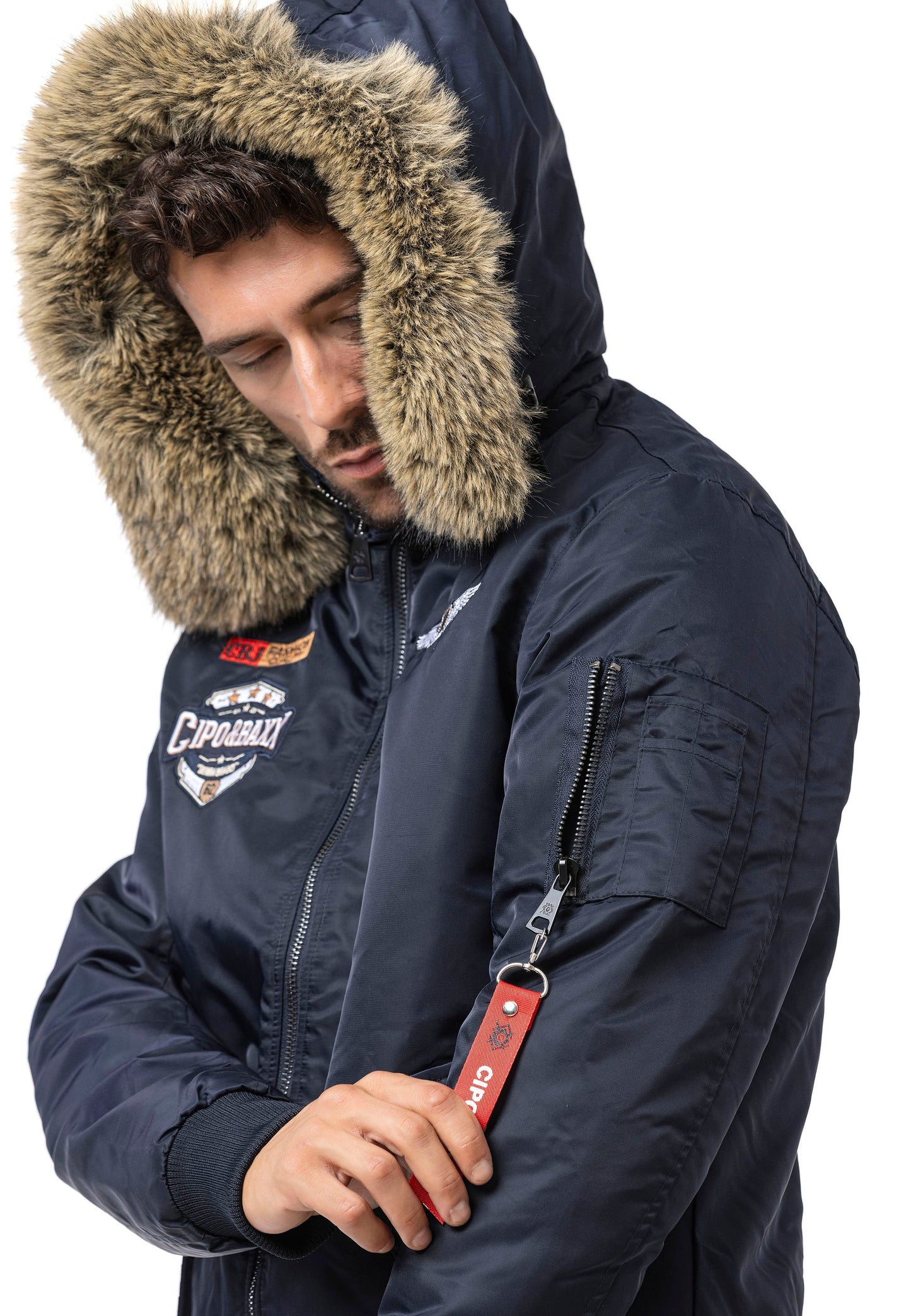 Cipo & Baxx HUNTER Herren Bomberjacke Fell Kapuze blue CM229