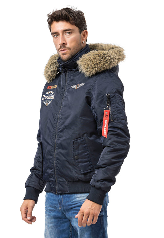 Cipo & Baxx HUNTER Herren Bomberjacke Fell Kapuze blue CM229