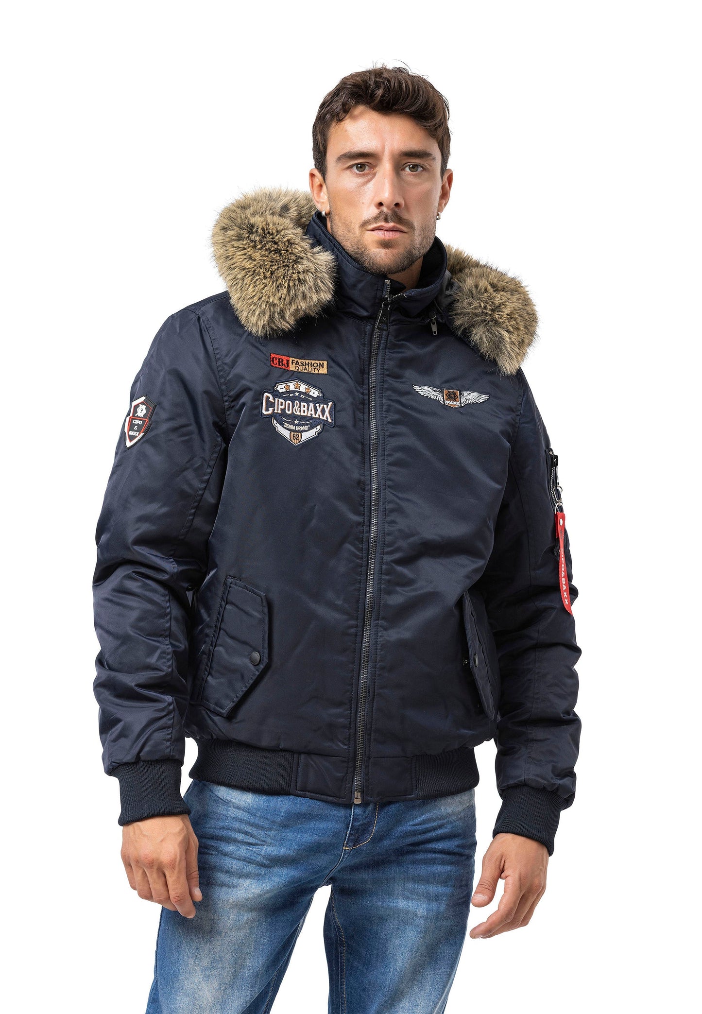 Cipo & Baxx HUNTER Herren Bomberjacke Fell Kapuze blue CM229