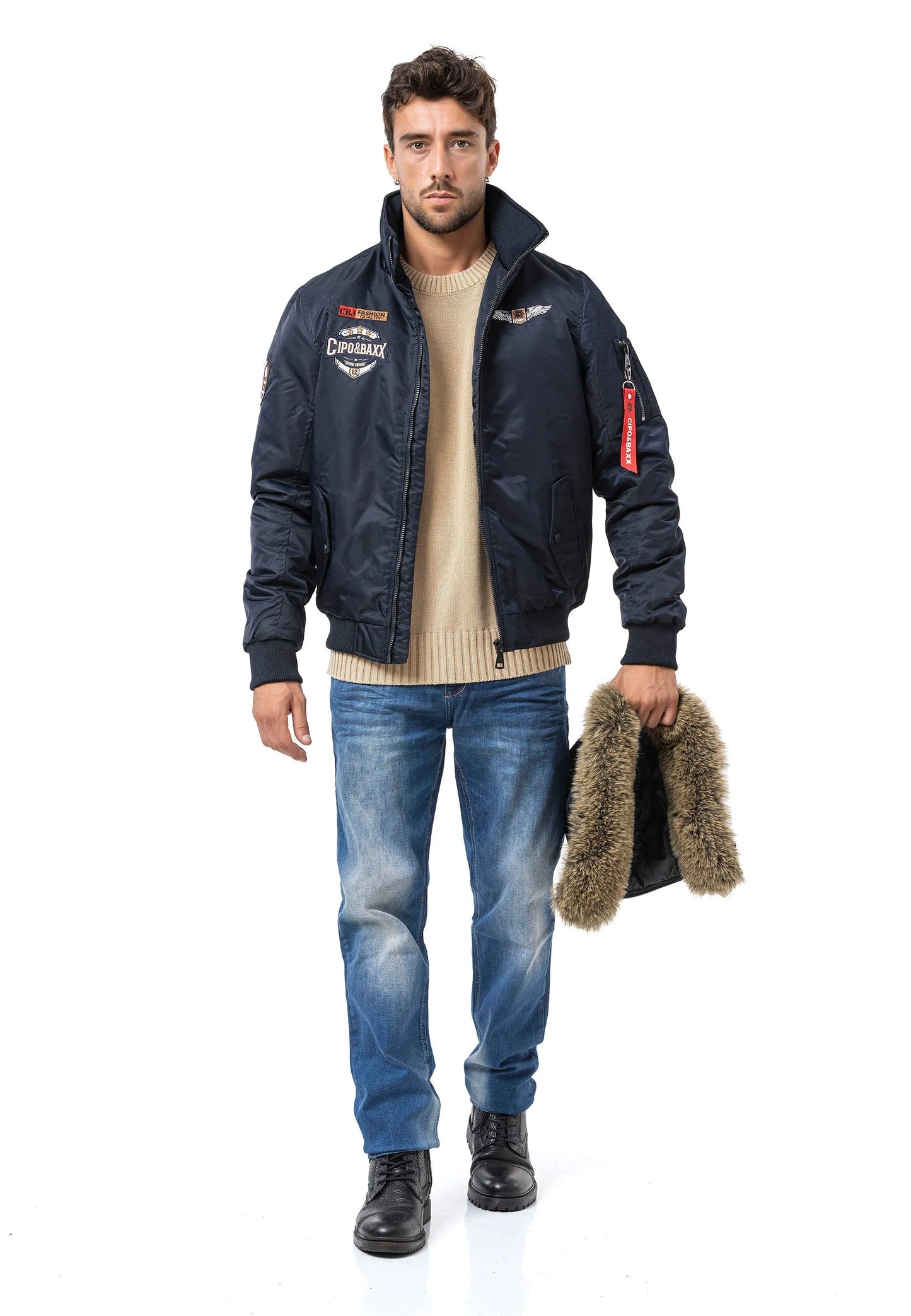 Cipo & Baxx HUNTER Herren Bomberjacke Fell Kapuze blue CM229