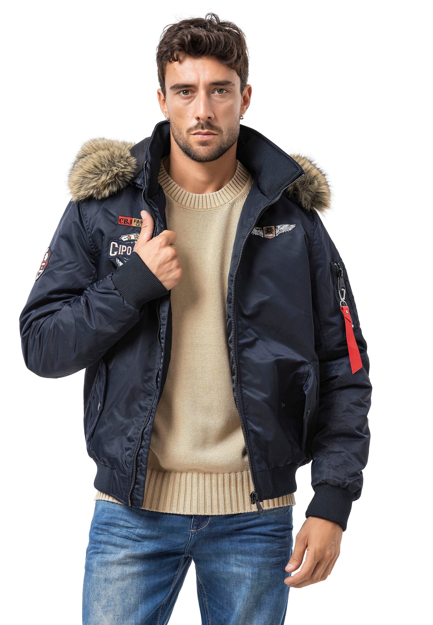 Cipo & Baxx HUNTER Herren Bomberjacke Fell Kapuze blue CM229