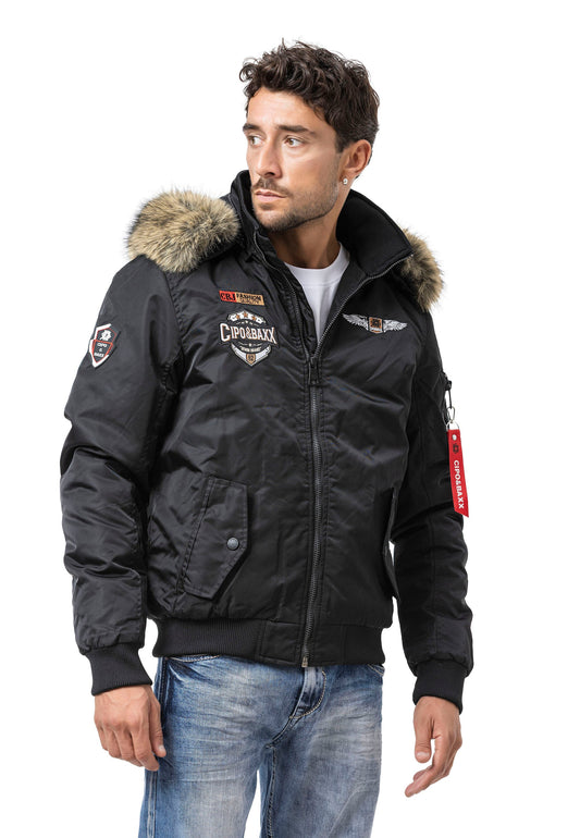 Cipo & Baxx HUNTER Herren Bomberjacke Fell Kapuze black CM229 - Persvision